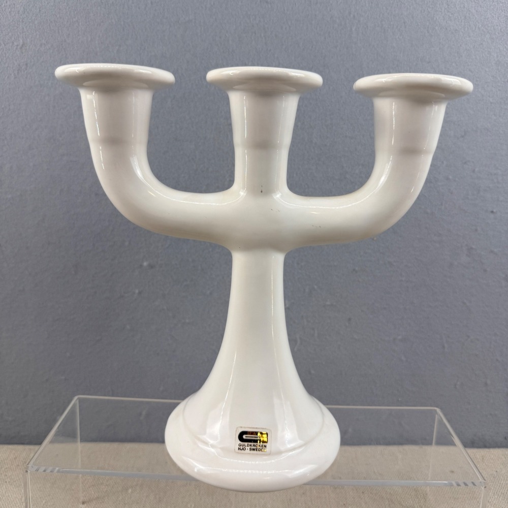 Vintage Guldkroken Hjo Sweden White Ceramic 3-Cup Candelabra MCM 8"